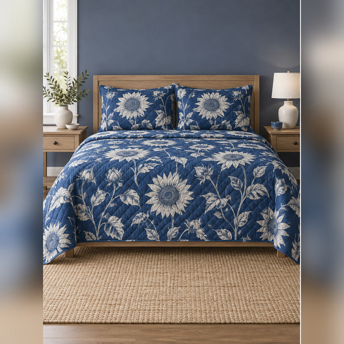 Indigo Sunflower Cyanotype Quilt Set, front sunflower bedroom view