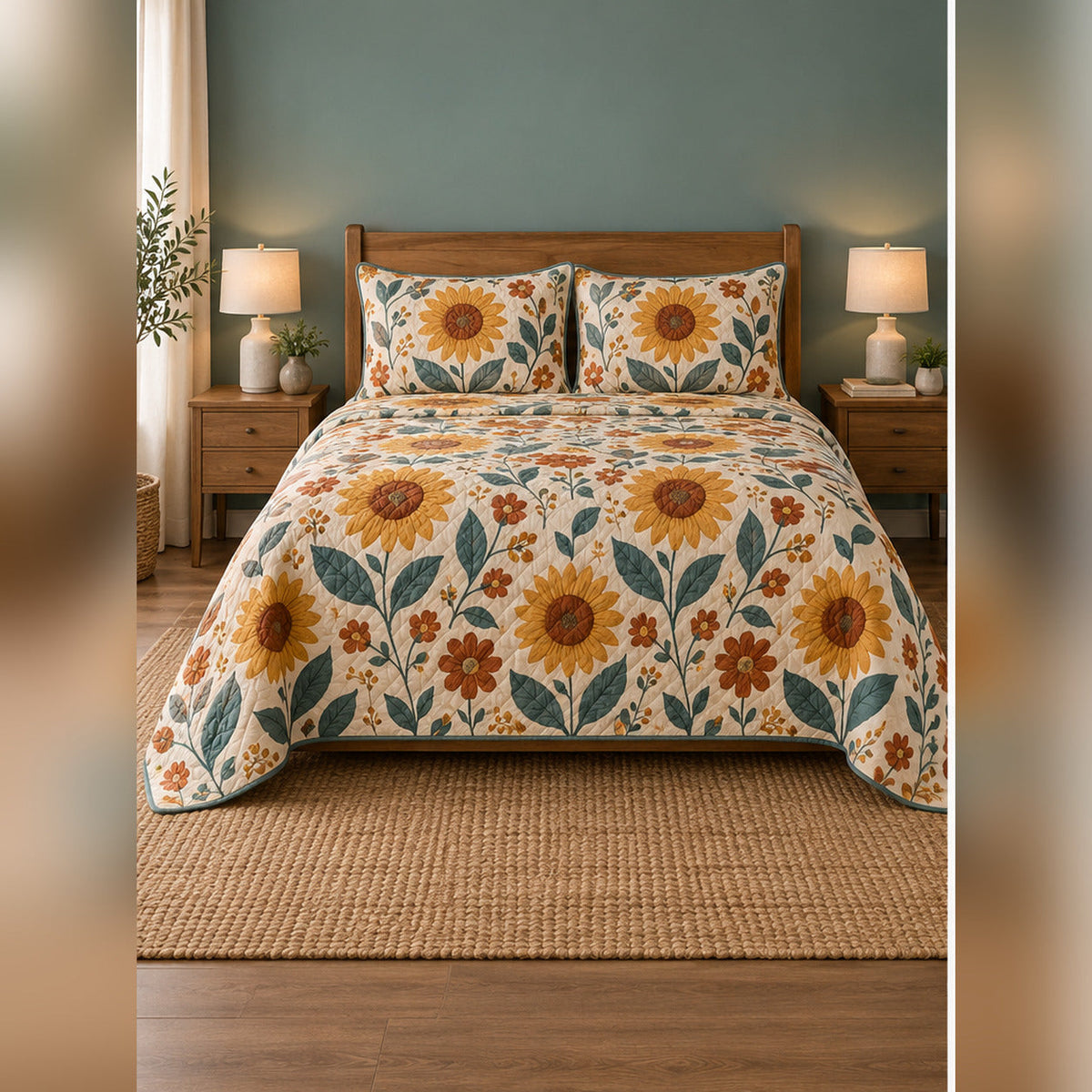 Folk Sunflower Garden Print Quilt Set, front sunflower bedroom view