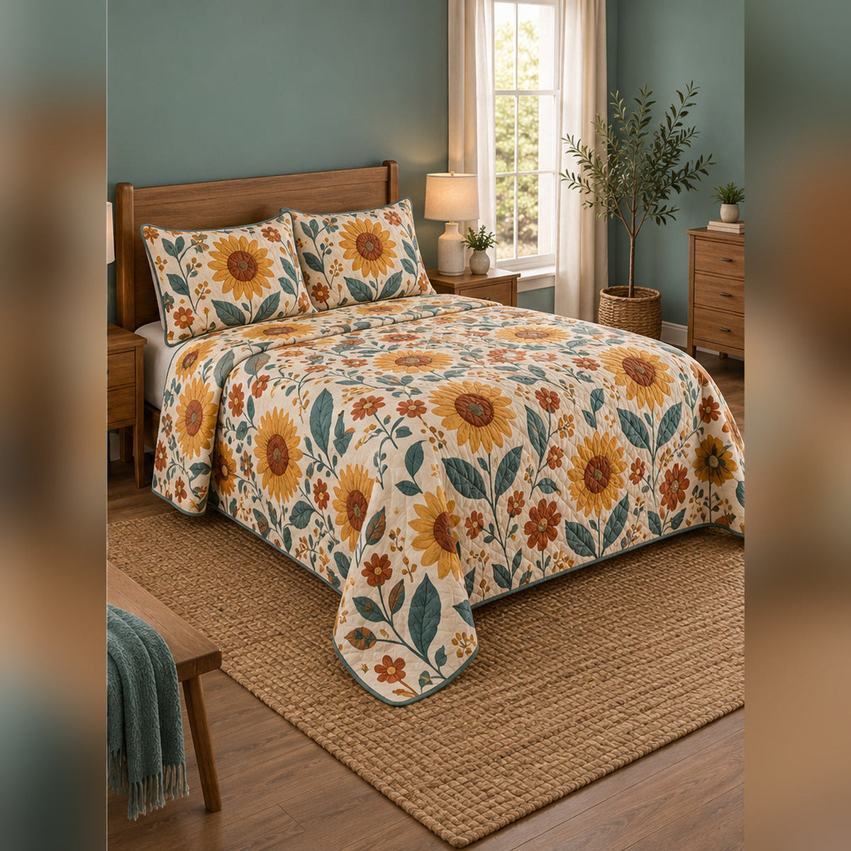 Folk Sunflower Garden Print Quilt Set, angled sunflower bedroom view