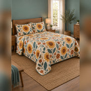 Folk Sunflower Garden Print Quilt Set, angled sunflower bedroom view