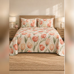 Coral Watercolor Tulip Quilt Set