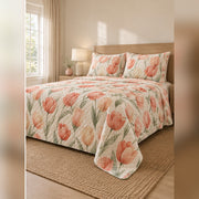 Coral Watercolor Tulip Quilt Set, angled tulip bedroom view
