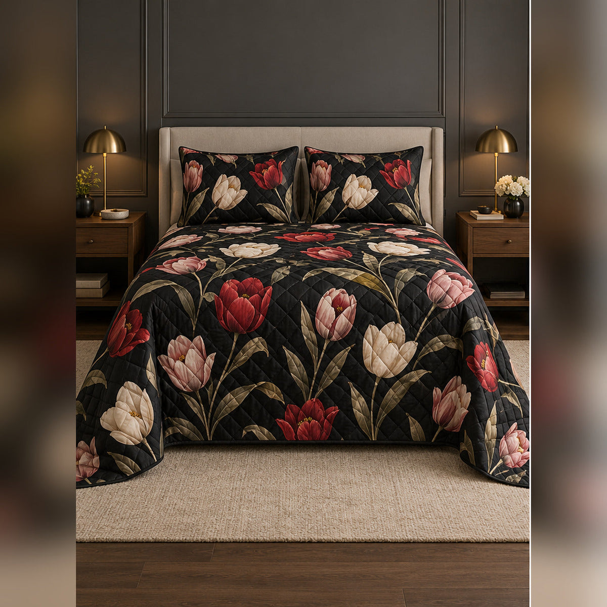 Black Tulip Botanical Quilt Set, front tulip bedroom view