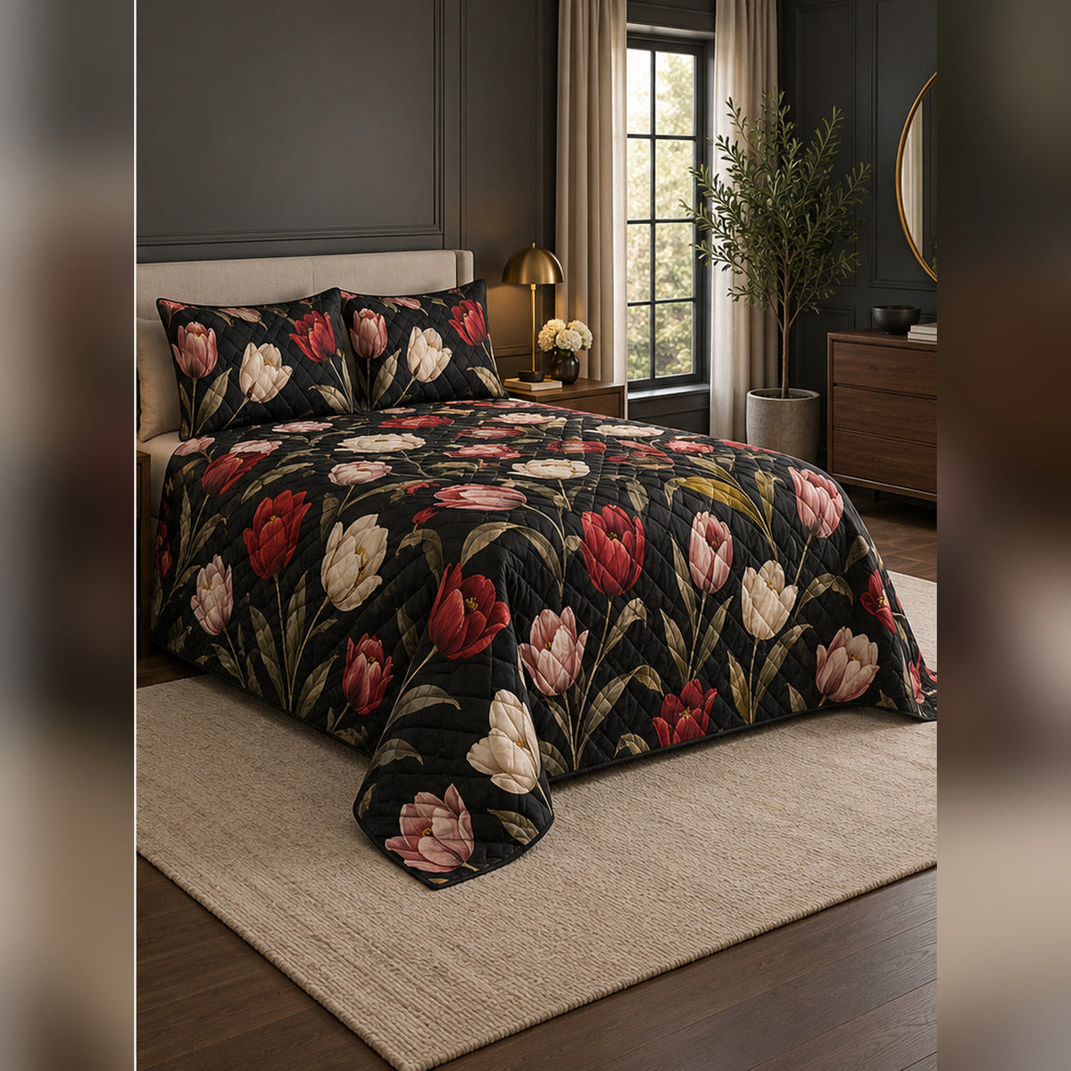 Black Tulip Botanical Quilt Set, angled tulip bedroom view