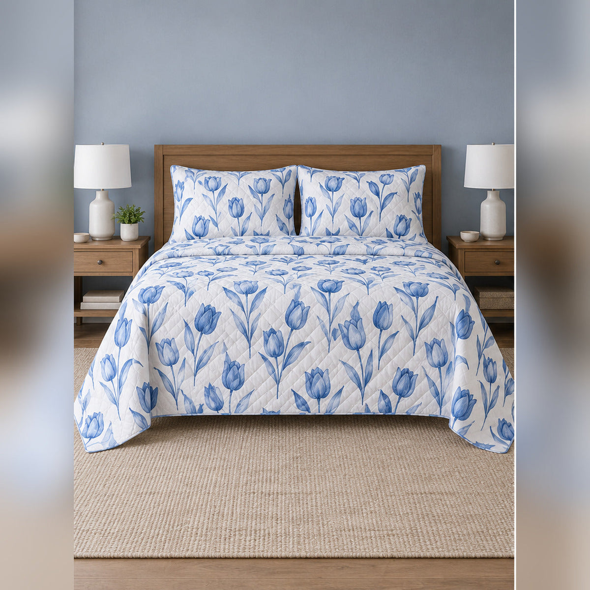 Blue and White Tulip Garden Quilt Set, front tulip bedroom view