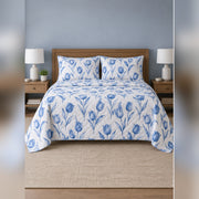 Blue and White Tulip Garden Quilt Set, front tulip bedroom view