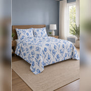Blue and White Tulip Garden Quilt Set, angled tulip bedroom view