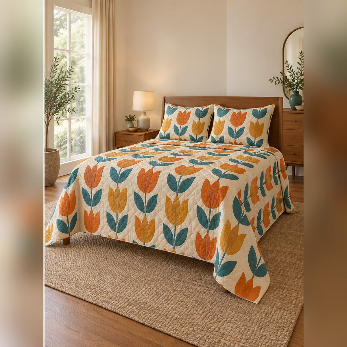 Retro Orange and Teal Tulip Quilt Set, angled tulip bedroom view