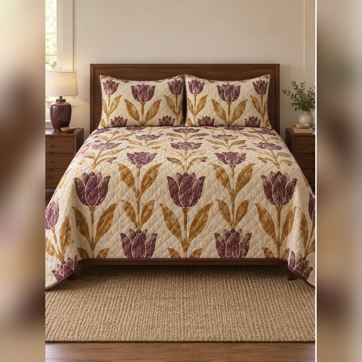 Plum Ochre Woodblock Tulip Quilt Set, front tulip bedroom view