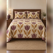Plum Ochre Woodblock Tulip Quilt Set, front tulip bedroom view