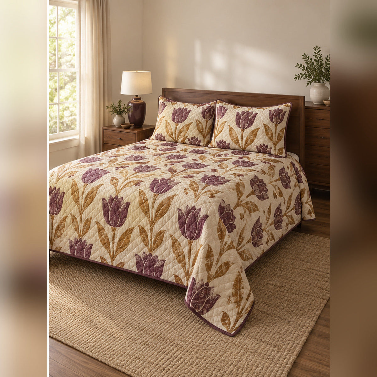 Plum Ochre Woodblock Tulip Quilt Set, angled tulip bedroom view