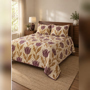Plum Ochre Woodblock Tulip Quilt Set, angled tulip bedroom view
