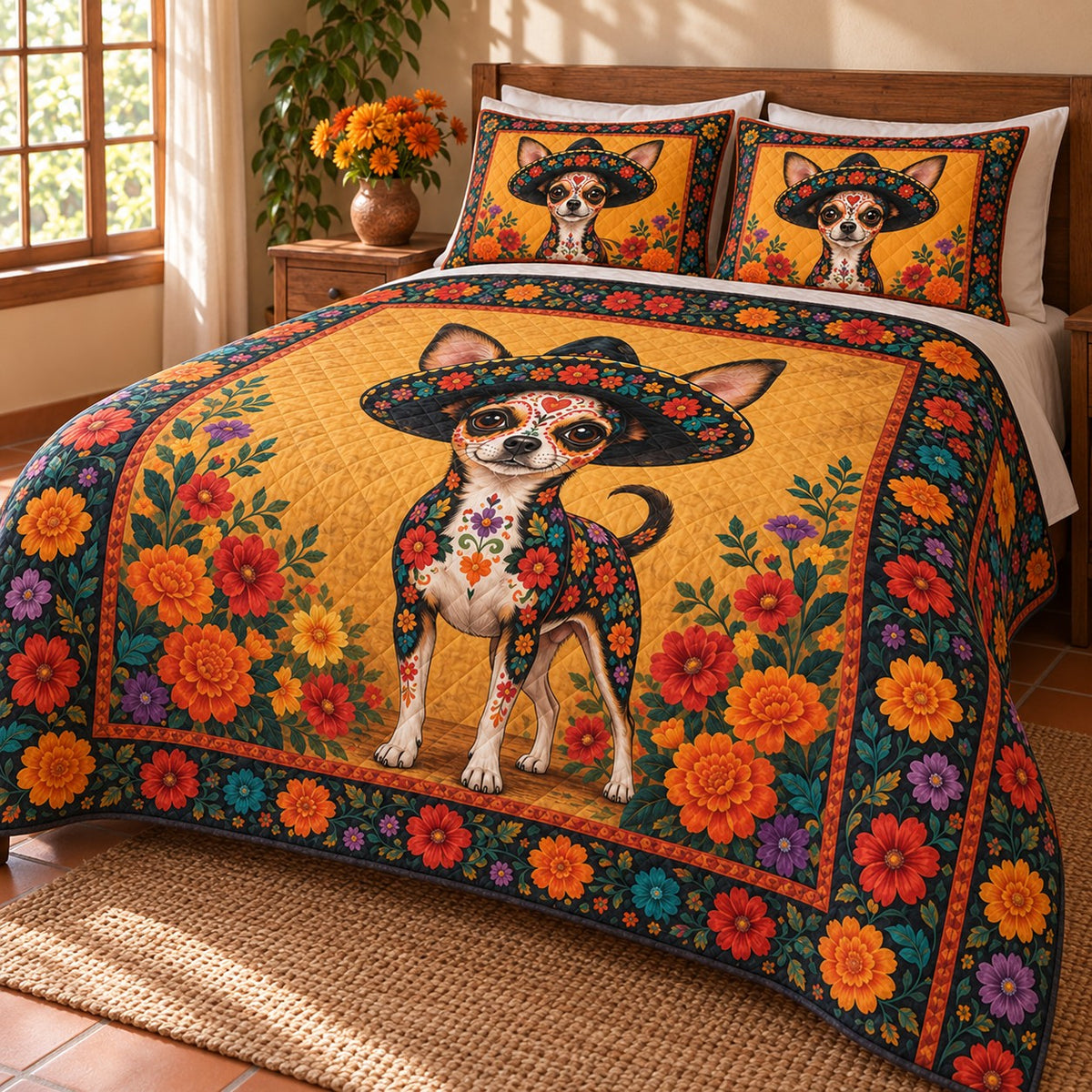 Dia de Muertos Chihuahua Quilt Set: angled bedroom view showing the quilt artwork and coordinating shams
