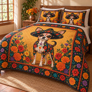 Dia de Muertos Chihuahua Quilt Set: angled bedroom view showing the quilt artwork and coordinating shams