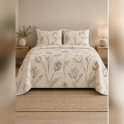 Neutral Tulip Line Art Quilt Set, front tulip bedroom view