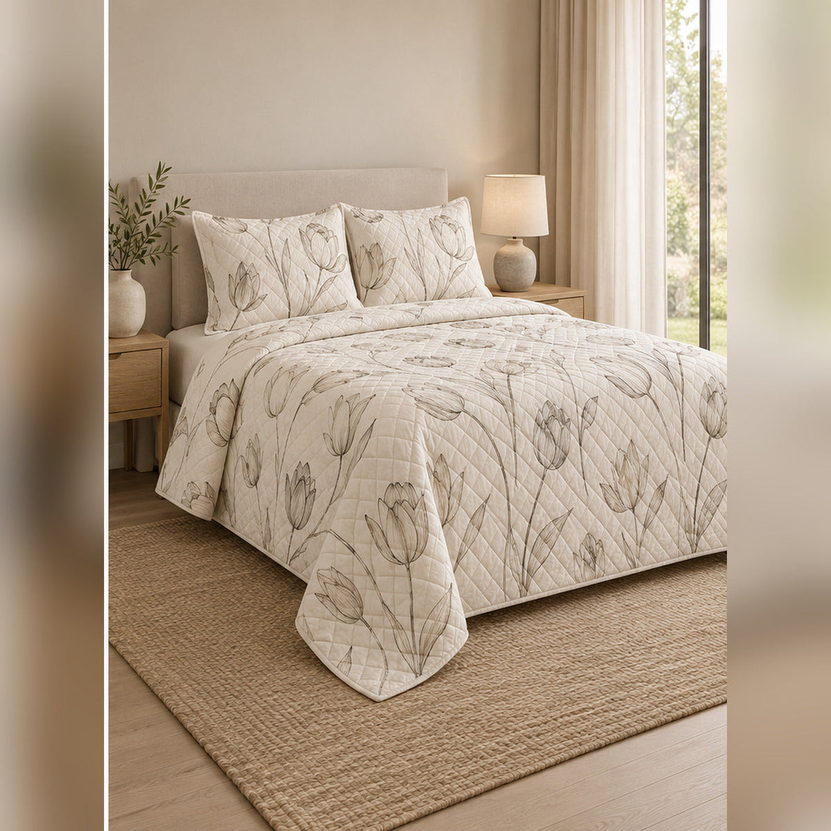 Neutral Tulip Line Art Quilt Set, angled tulip bedroom view