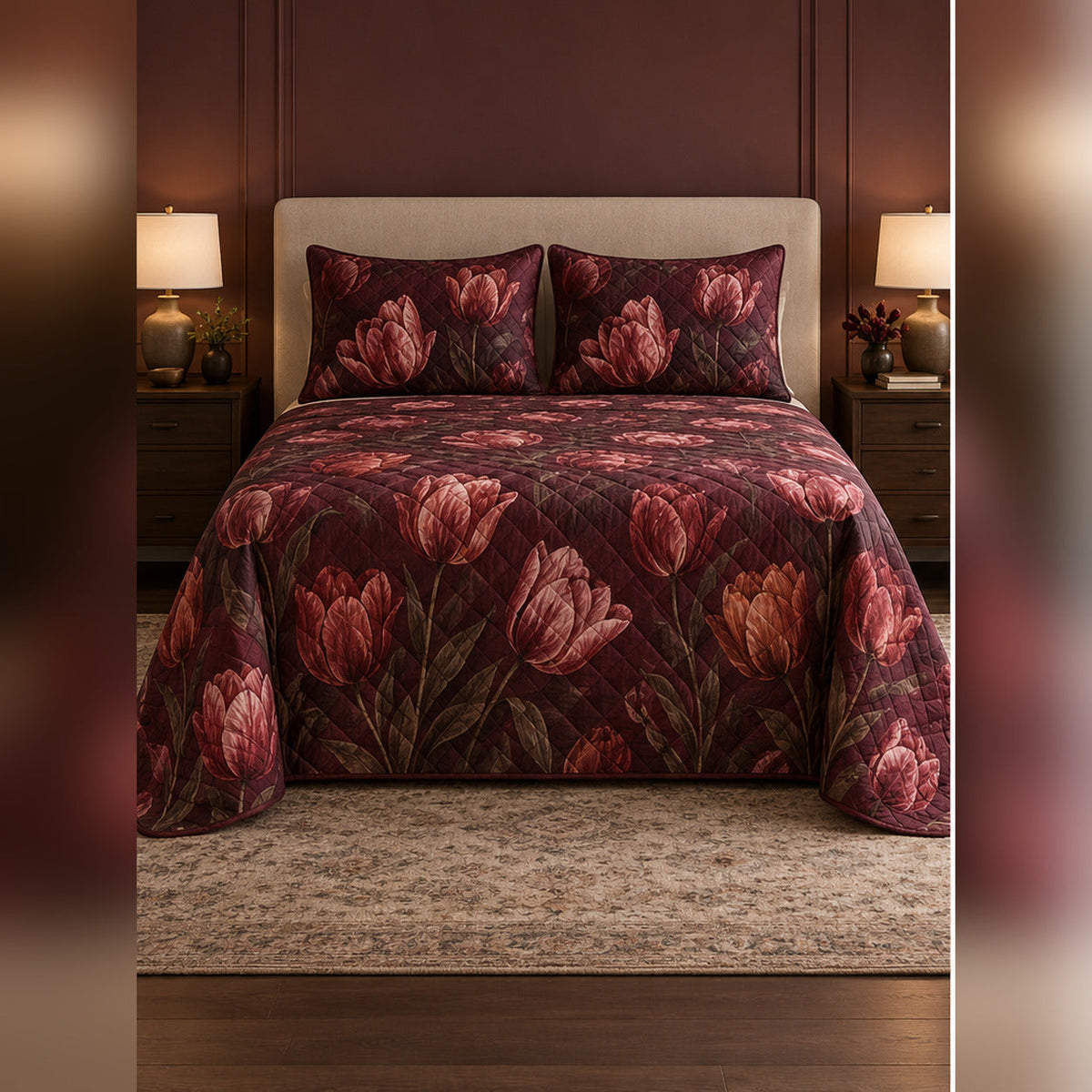 Burgundy Tulip Night Garden Quilt Set, front tulip bedroom view