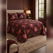 Burgundy Tulip Night Garden Quilt Set, angled tulip bedroom view