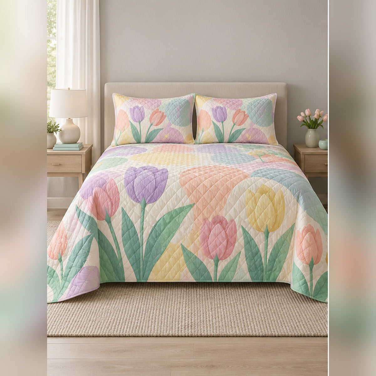 Pastel Tulip Color Block Quilt Set, front tulip bedroom view
