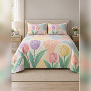 Pastel Tulip Color Block Quilt Set, front tulip bedroom view