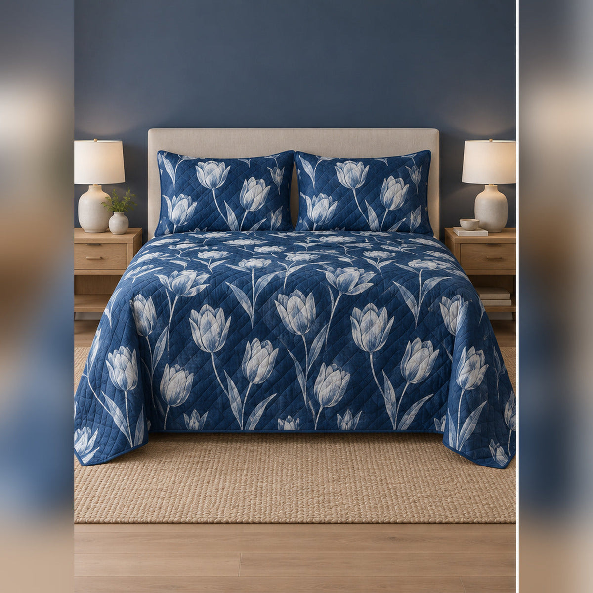Indigo Tulip Cyanotype Quilt Set, front tulip bedroom view