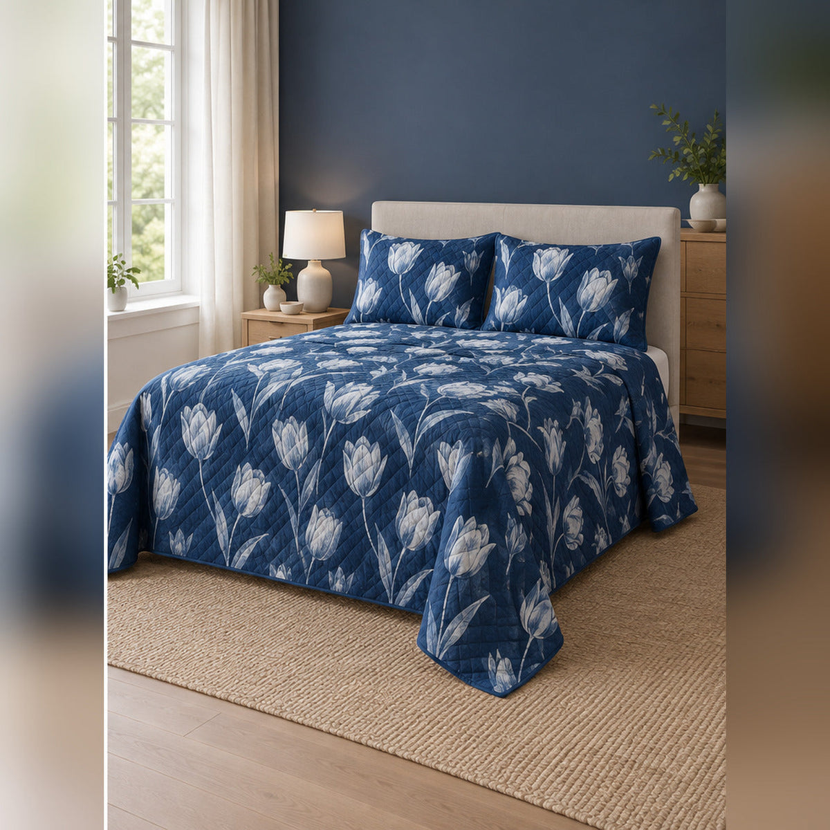 Indigo Tulip Cyanotype Quilt Set, angled tulip bedroom view
