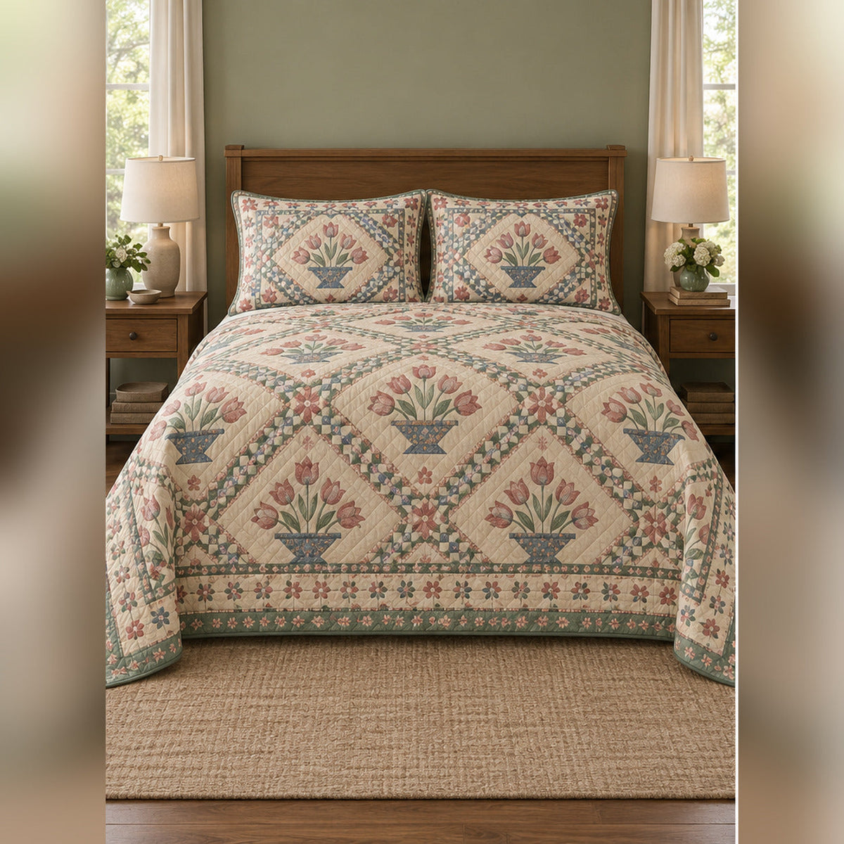 Heirloom Tulip Basket Print Quilt Set, front tulip bedroom view