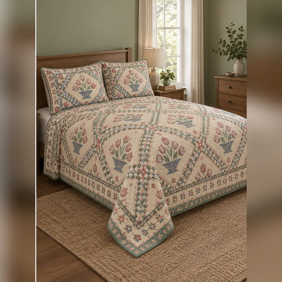 Heirloom Tulip Basket Print Quilt Set, angled tulip bedroom view