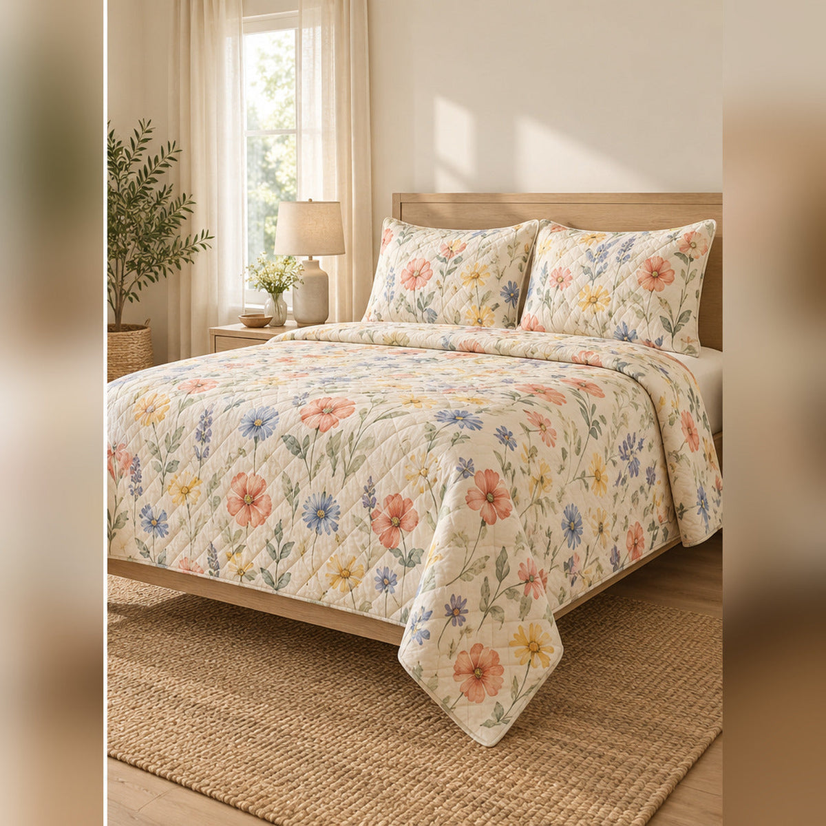 Airy Watercolor Wildflower Meadow Quilt Set, angled wildflower bedroom view