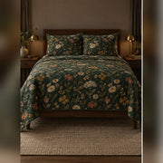 Dark Green Wildflower Botanical Quilt Set, front wildflower bedroom view
