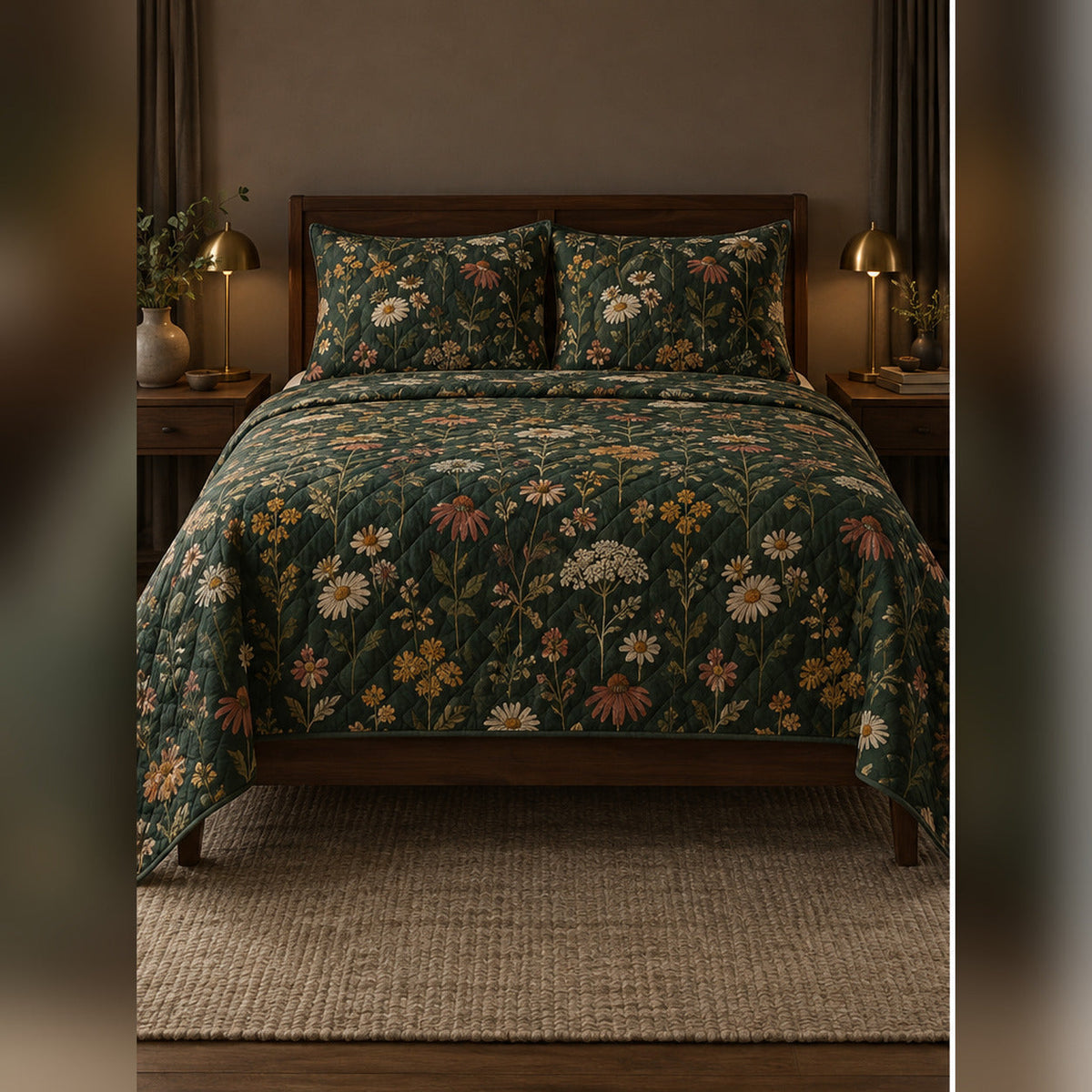 Dark Green Wildflower Botanical Quilt Set, front wildflower bedroom view