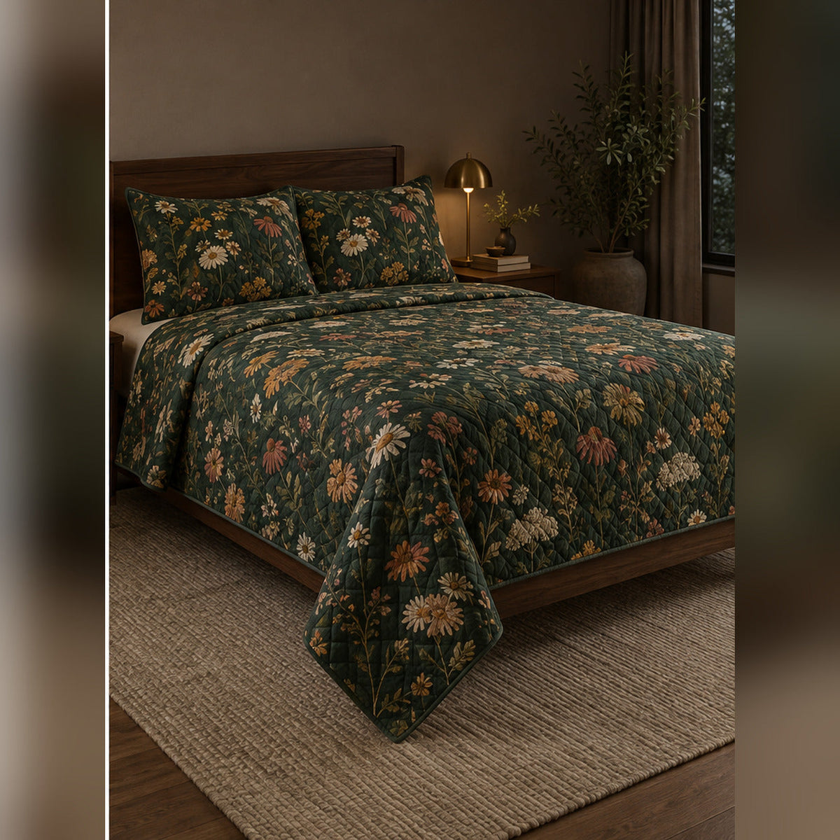 Dark Green Wildflower Botanical Quilt Set, angled wildflower bedroom view