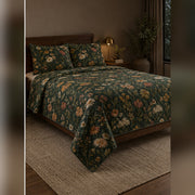 Dark Green Wildflower Botanical Quilt Set, angled wildflower bedroom view