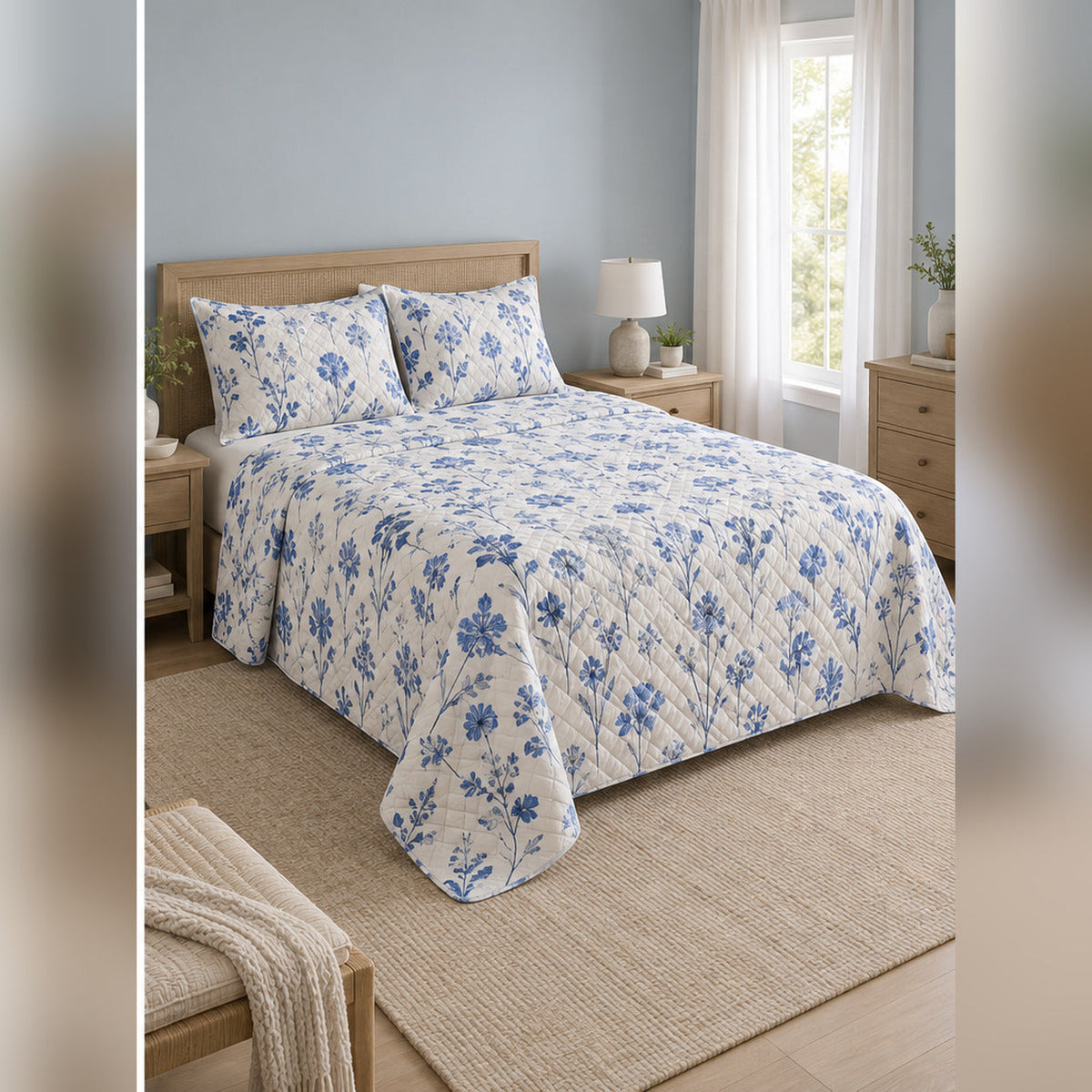 Blue and White Pressed Wildflower Quilt Set, angled wildflower bedroom view