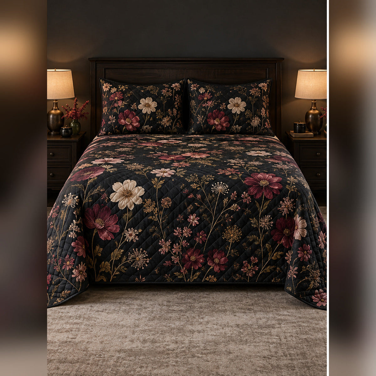 Moonlit Black Wildflower Garden Quilt Set, front wildflower bedroom view