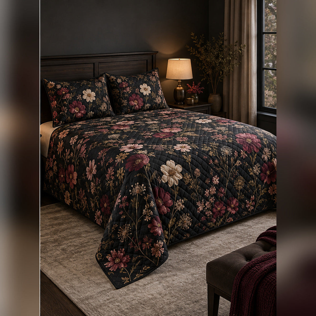 Moonlit Black Wildflower Garden Quilt Set, angled wildflower bedroom view