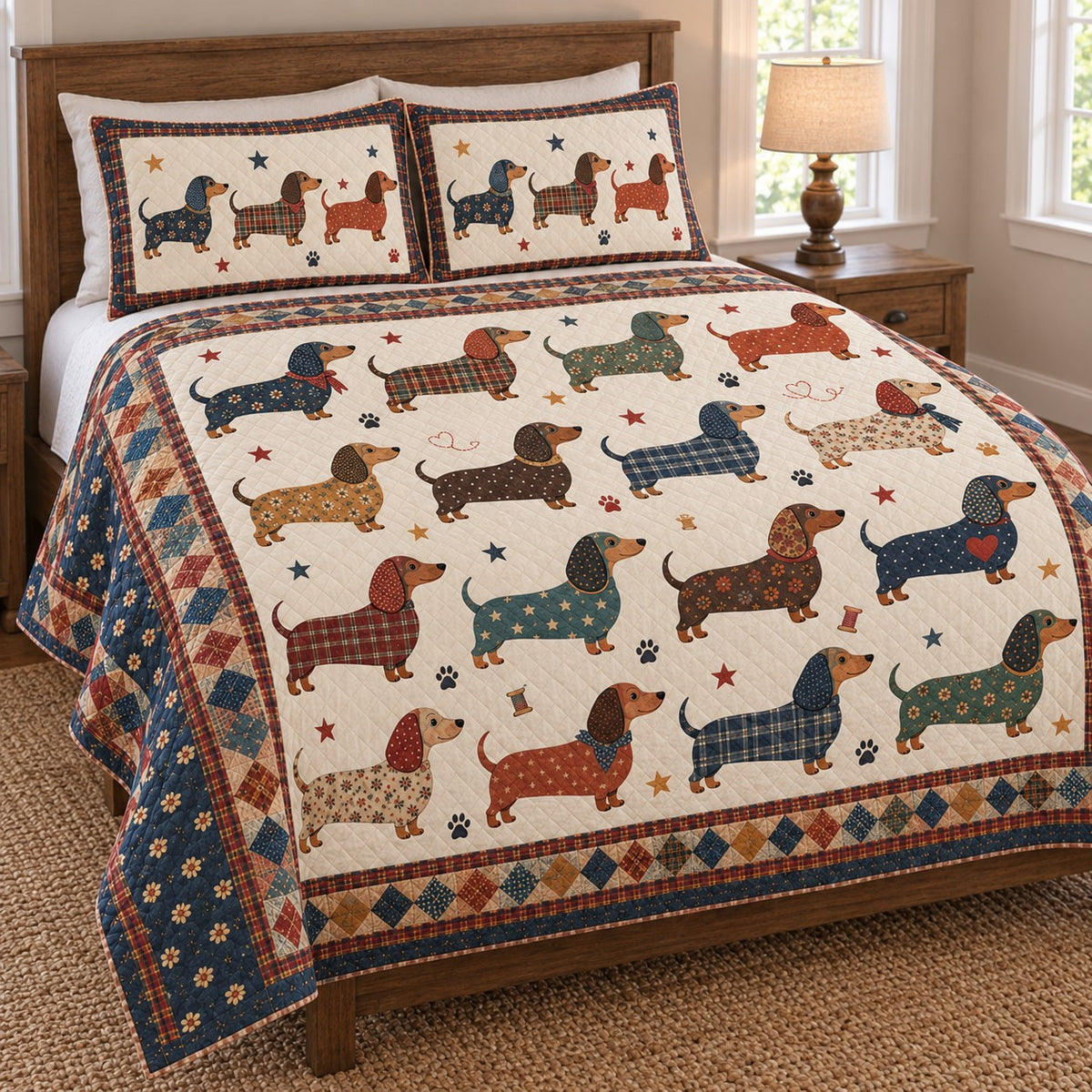 Vintage Dachshund Dog Pattern Quilt Set: angled bedroom view showing the quilt artwork and coordinating shams