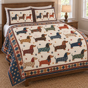 Vintage Dachshund Dog Pattern Quilt Set: angled bedroom view showing the quilt artwork and coordinating shams