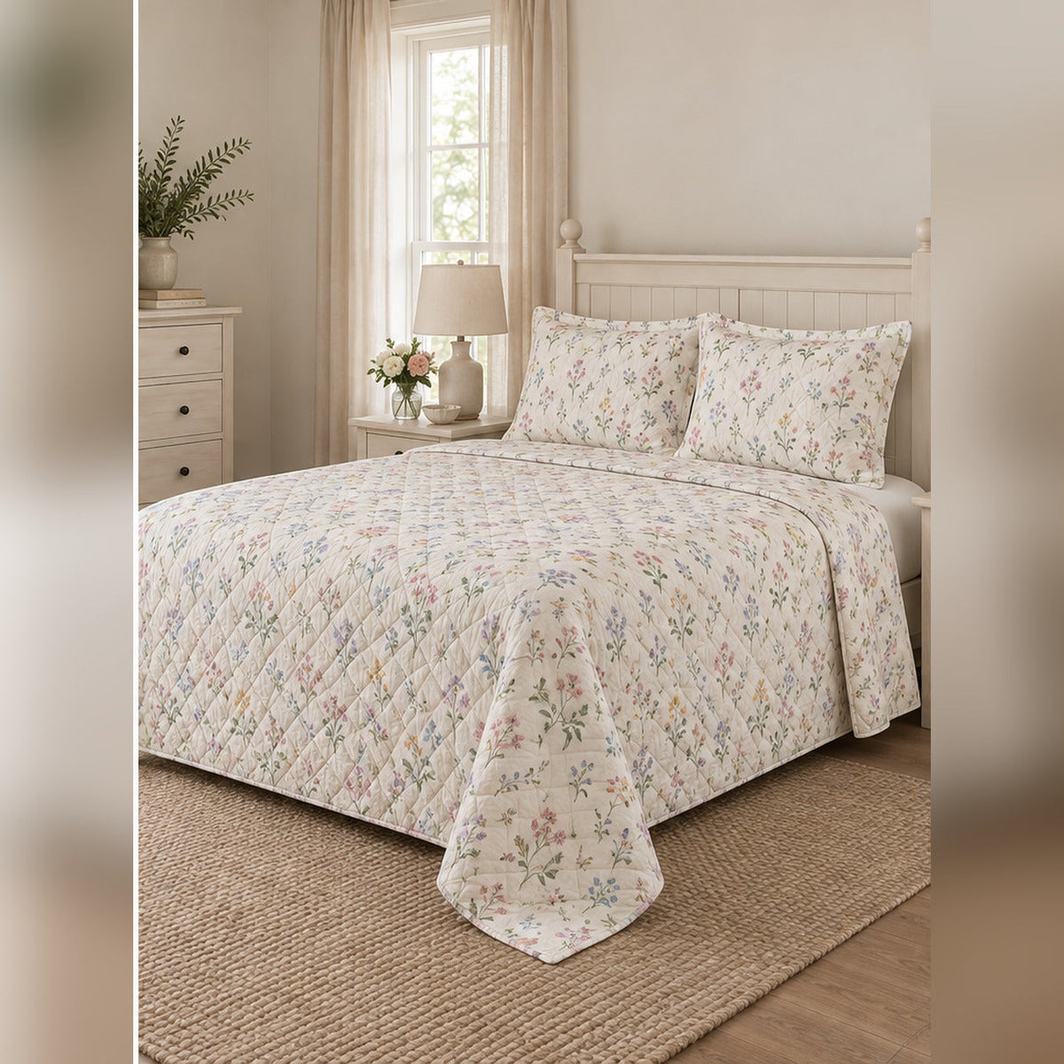 Pastel Cottage Wildflower Sprig Quilt Set, angled wildflower bedroom view