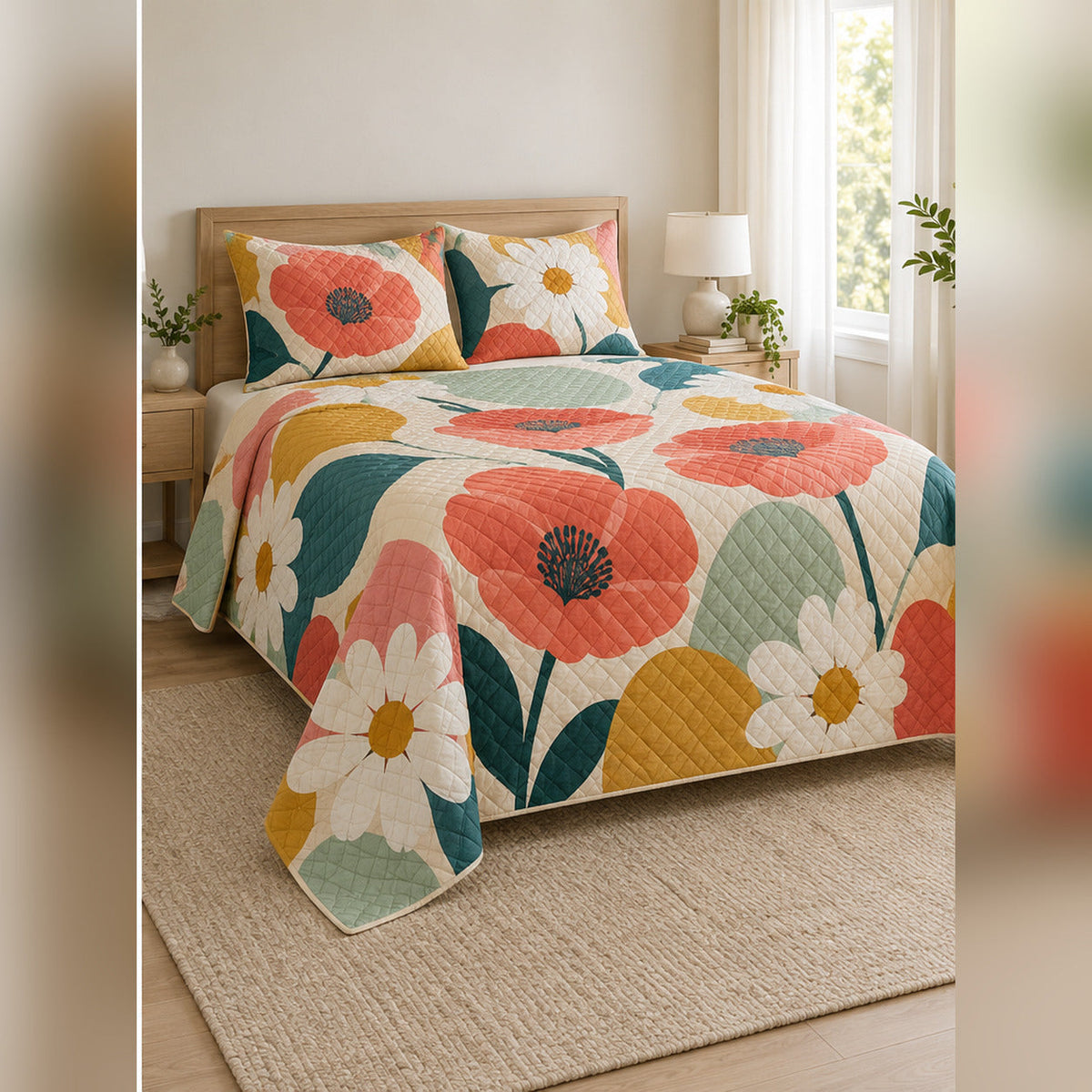 Bold Poppy Daisy Color Block Quilt Set, angled wildflower bedroom view