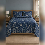 Indigo Wildflower Cyanotype Quilt Set, front wildflower bedroom view