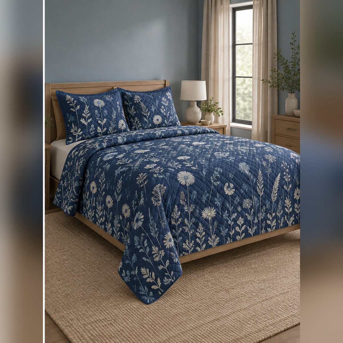Indigo Wildflower Cyanotype Quilt Set, angled wildflower bedroom view