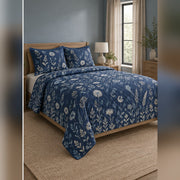 Indigo Wildflower Cyanotype Quilt Set, angled wildflower bedroom view