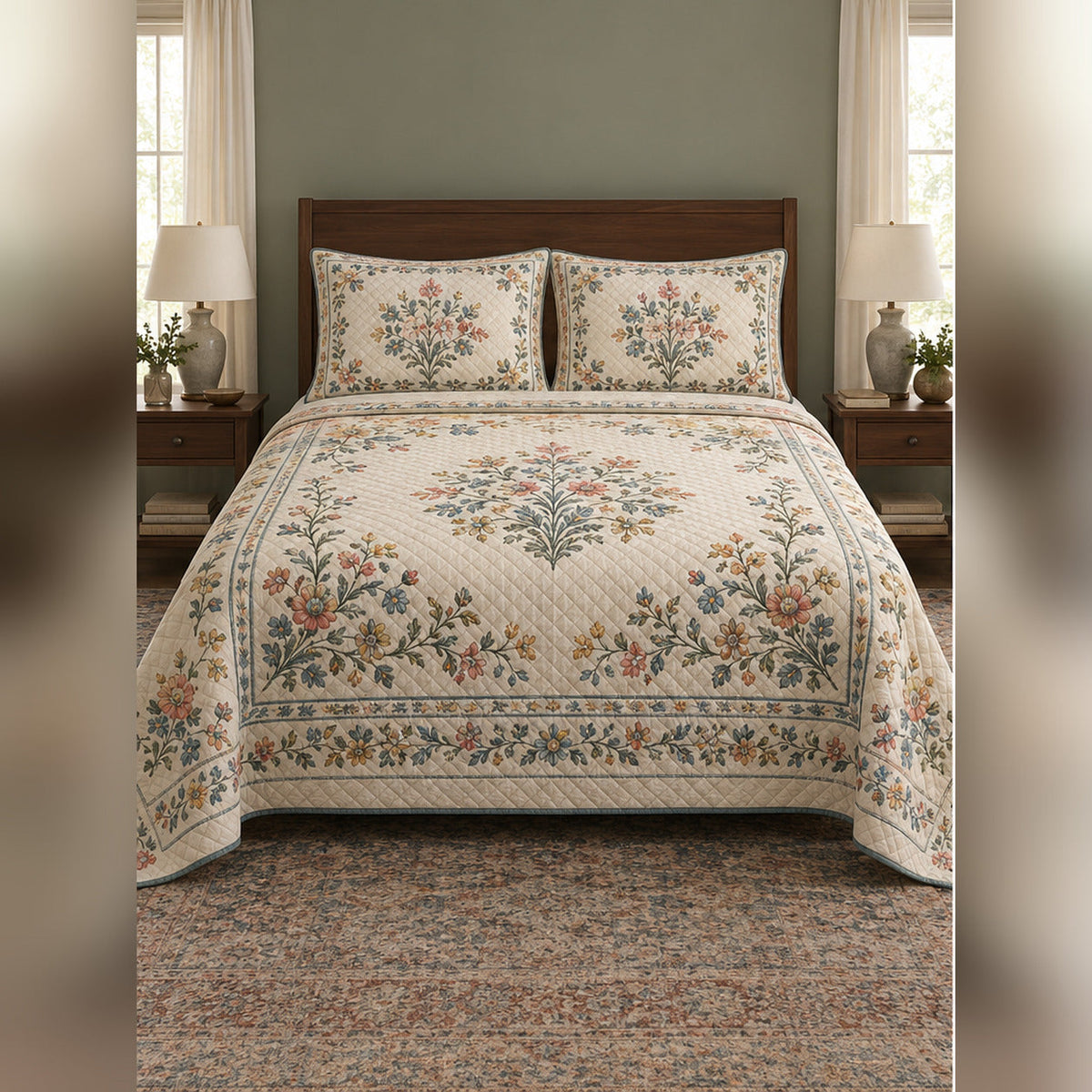 Heirloom Wildflower Border Quilt Set, front wildflower bedroom view
