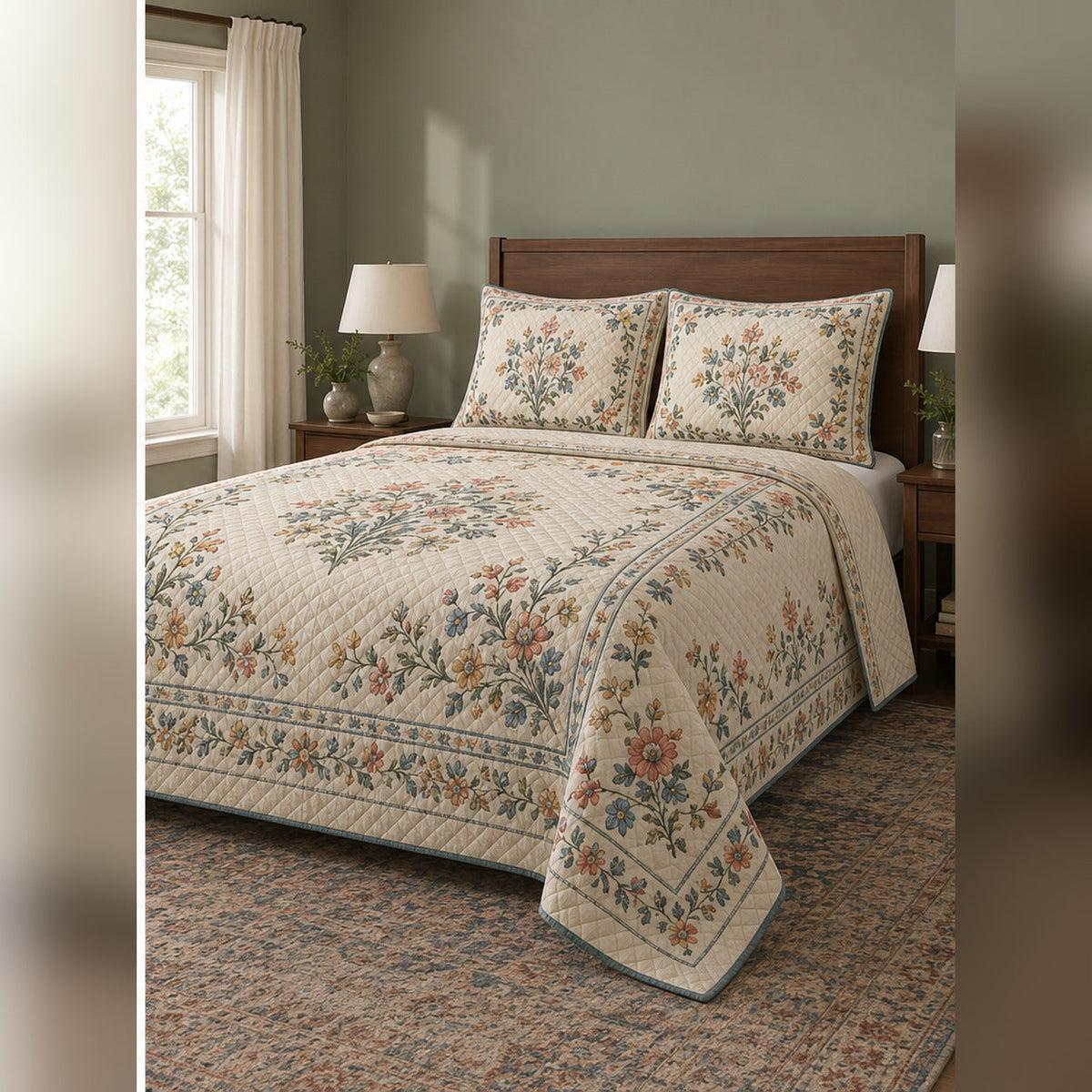 Heirloom Wildflower Border Quilt Set, angled wildflower bedroom view