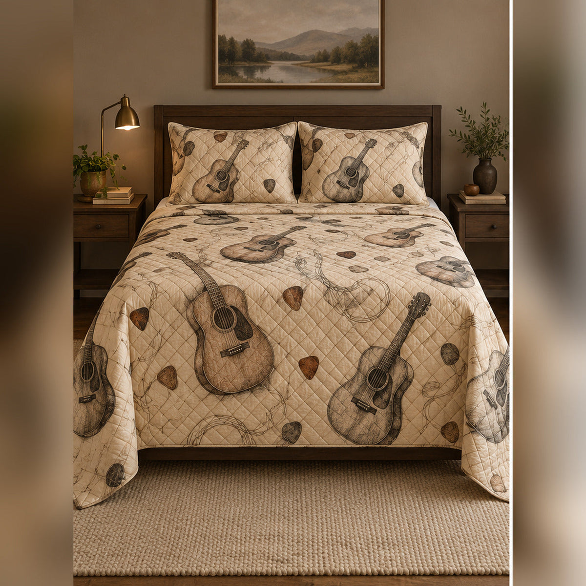 Vintage Acoustic Guitar Sketch Quilt Set, front acoustic guitar bedroom view