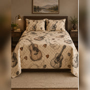 Vintage Acoustic Guitar Sketch Quilt Set, front acoustic guitar bedroom view