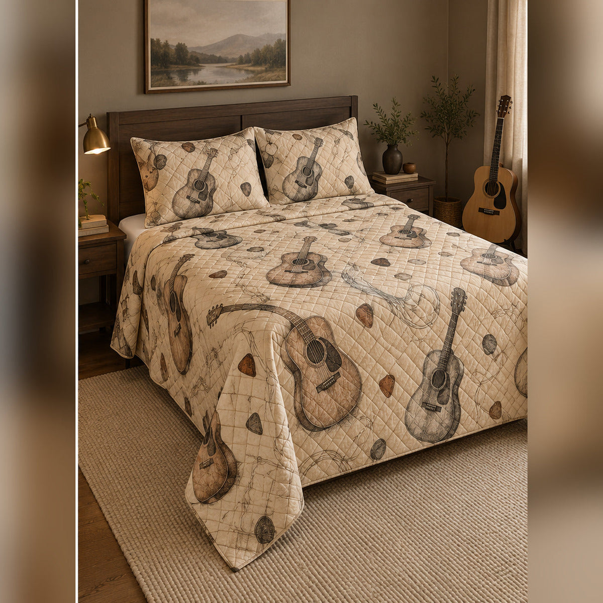 Vintage Acoustic Guitar Sketch Quilt Set, angled acoustic guitar bedroom view