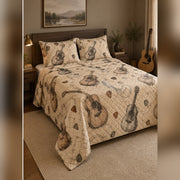 Vintage Acoustic Guitar Sketch Quilt Set, angled acoustic guitar bedroom view
