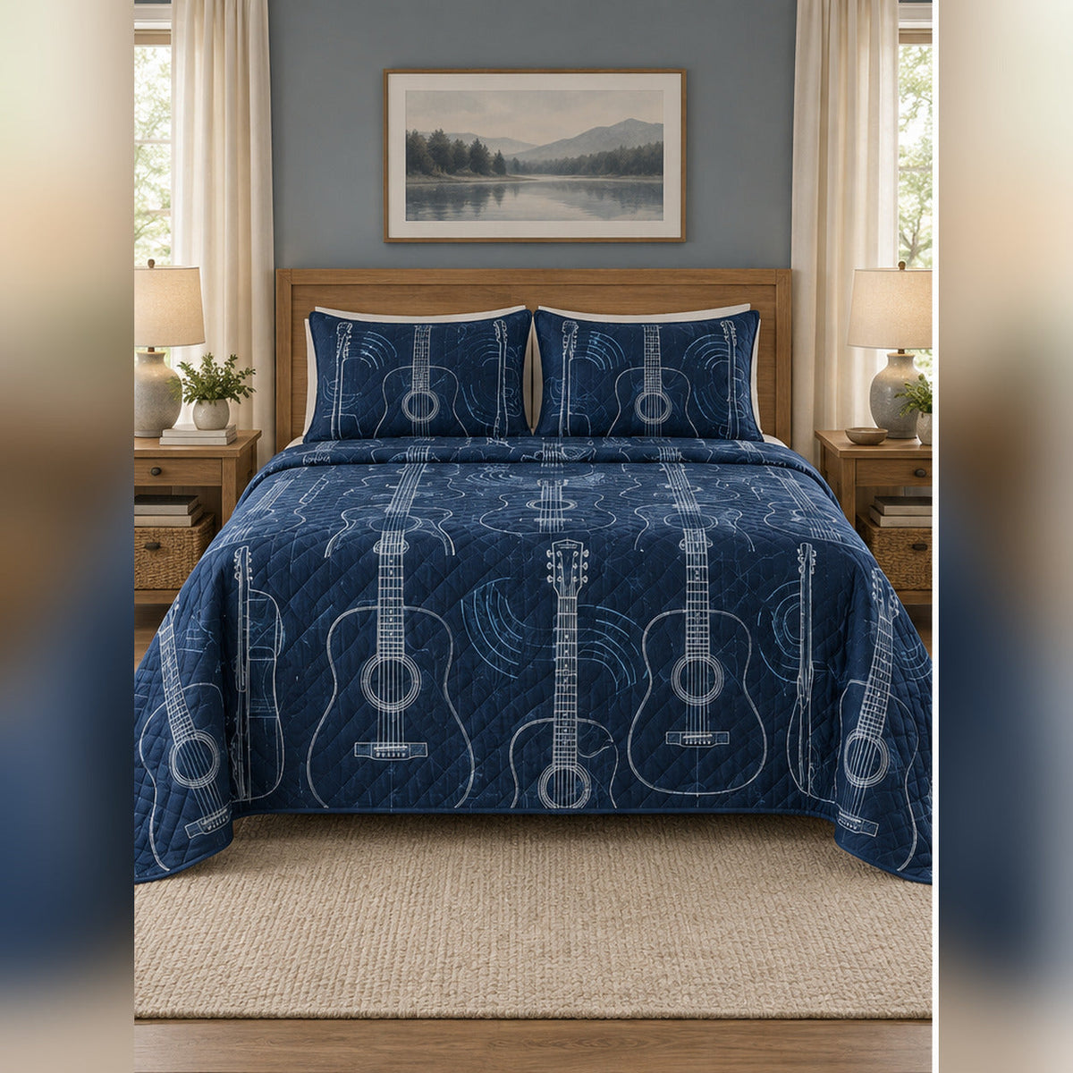 Navy Acoustic Guitar Blueprint Quilt Set, front acoustic guitar bedroom view